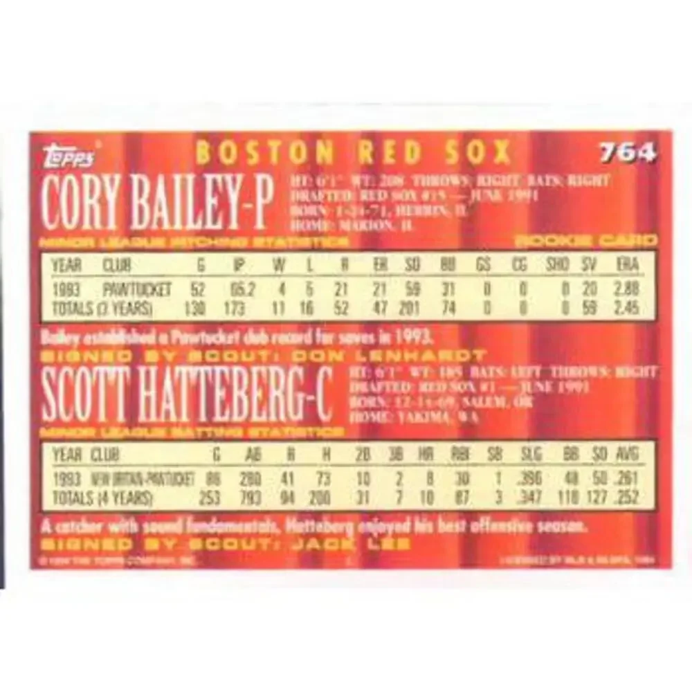 1994 Topps Cory Bailey / Scott Hatteberg CA, RC # 764 Boston Red Sox